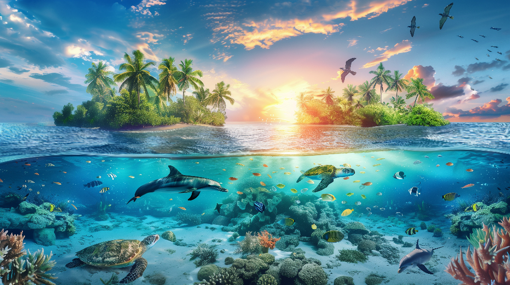 Tropical Island Sunset Dolphin Ocean Wall Mural