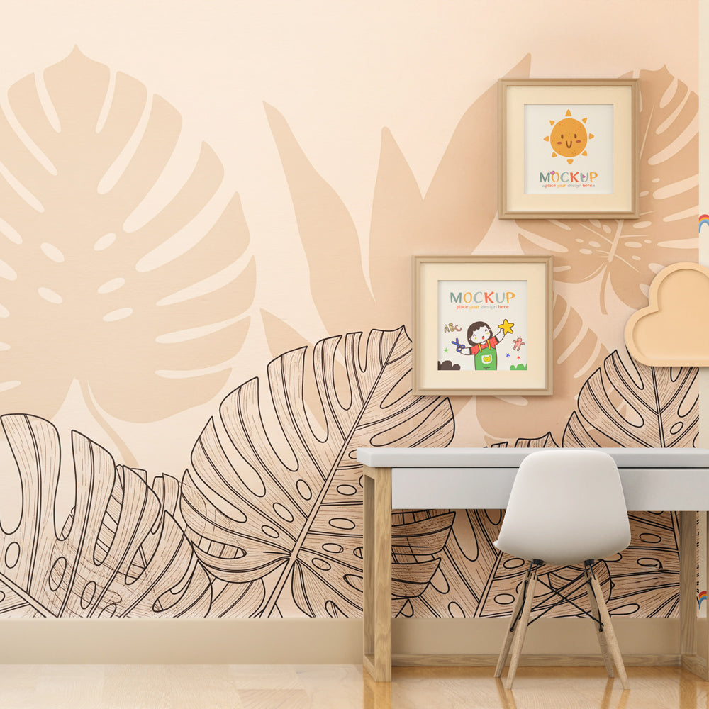 Beige tropical leaves wallpaper creating a calming kids bedroom atmosphere with natural decor