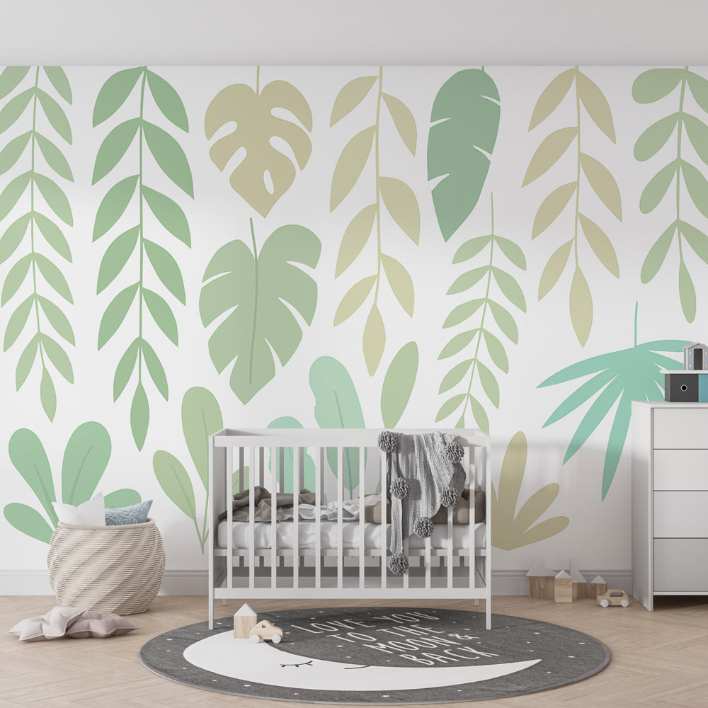 Green botanical wallpaper in modern kids bedroom with natural wood furniture