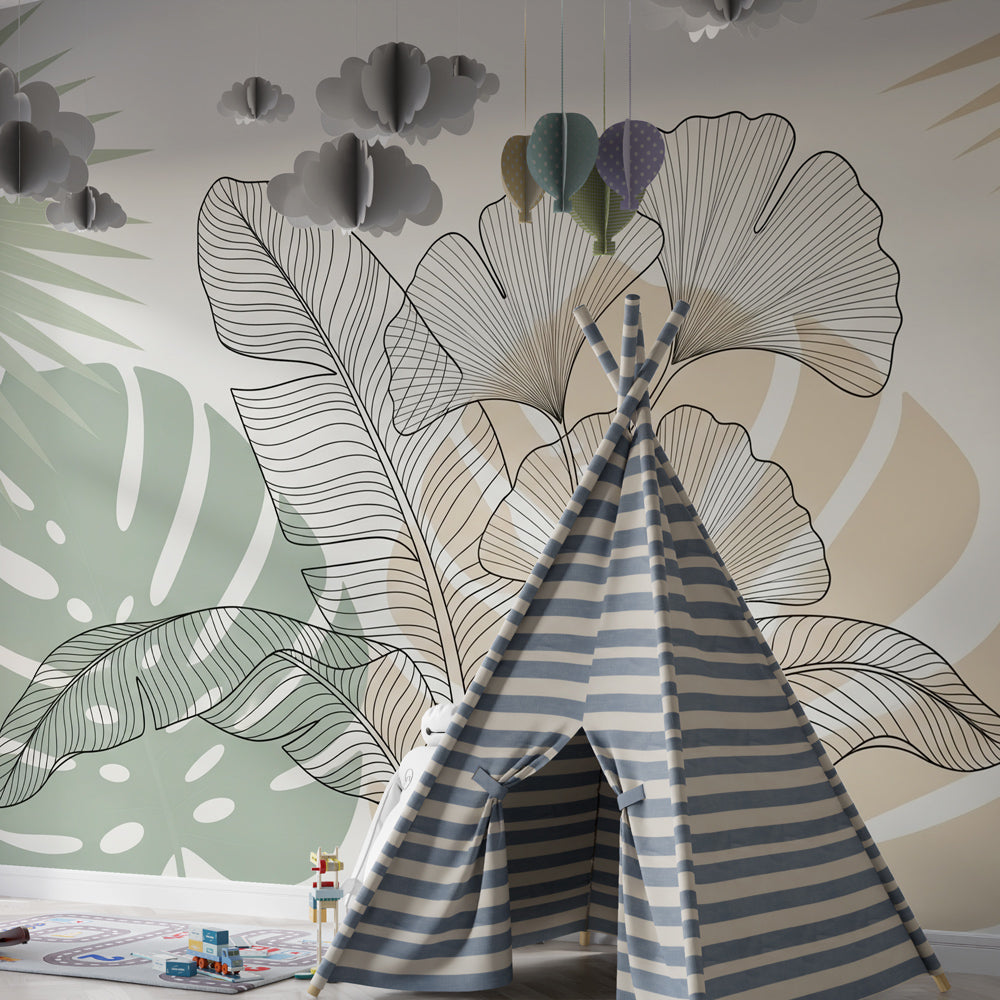 Minimalist tropical leaf wallpaper decorating modern children's bedroom with natural beige tones