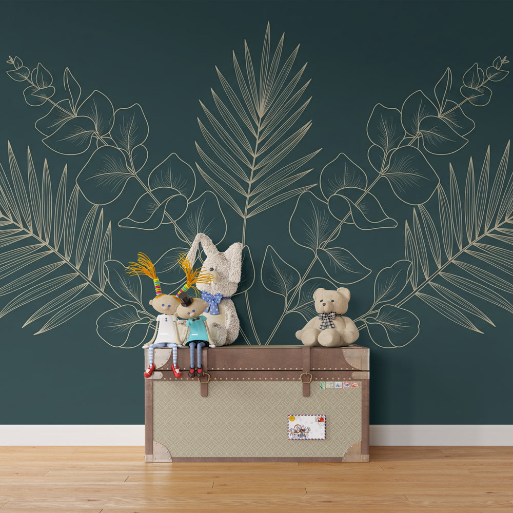 Golden botanical mural wallpaper creating serene atmosphere in modern kids bedroom