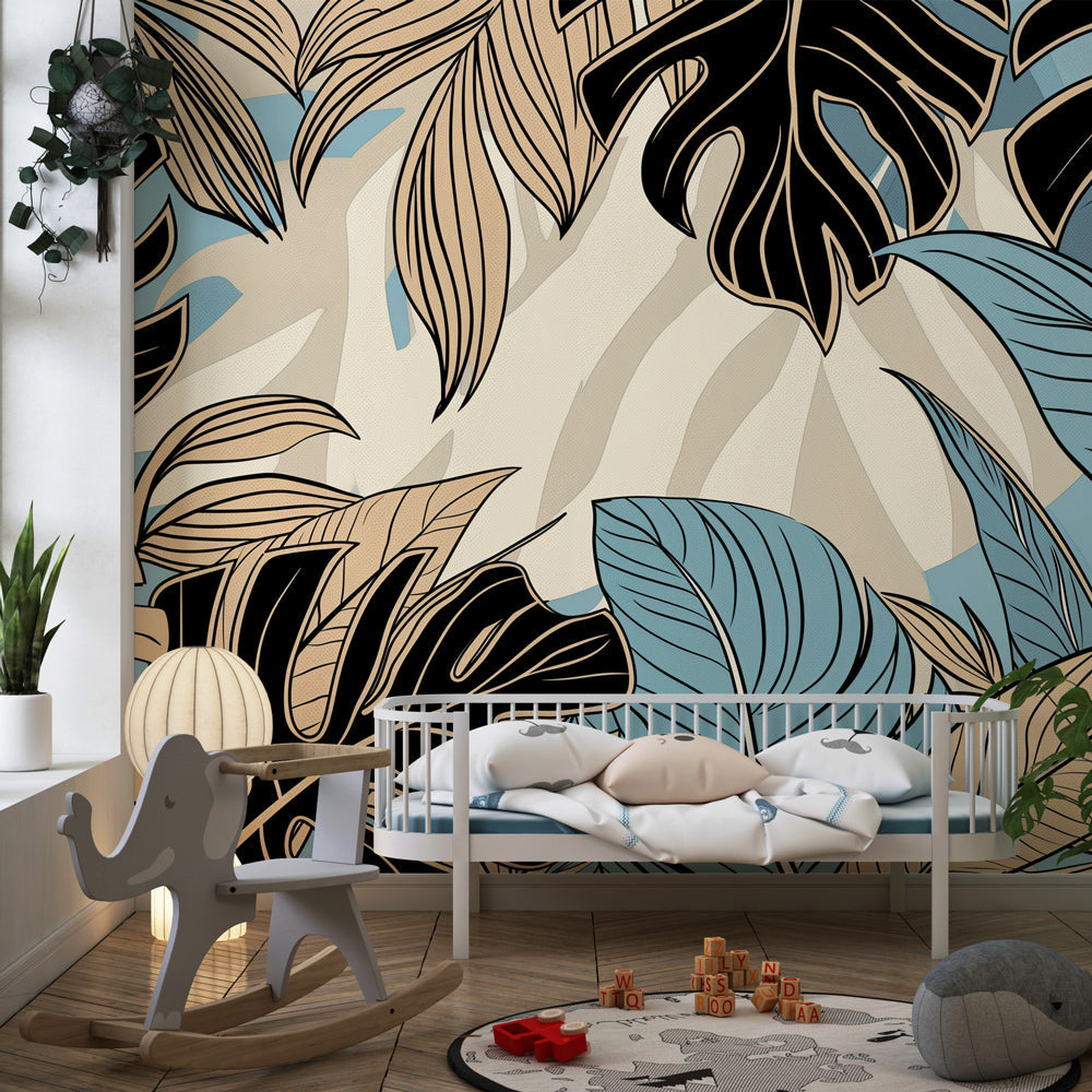 Blue beige botanical wallpaper transforming modern kids bedroom with nature-inspired design