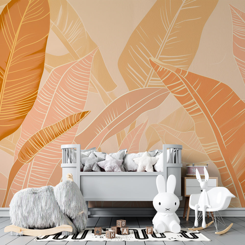 Botanical tropical wallpaper creating peaceful atmosphere in children's bedroom decor