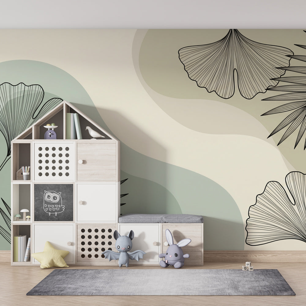 Sage green botanical wallpaper creating calming kids bedroom atmosphere with natural decor