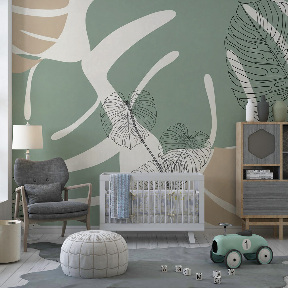 Botanical sage green wallpaper transforming children's bedroom with natural tropical leaf design