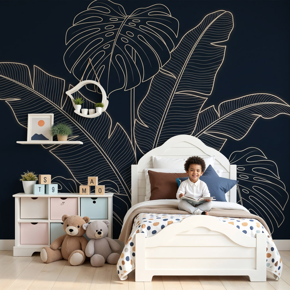Tropical leaves mural wallpaper creating modern botanical nursery decor with dark elegant background by Kids-Mundo