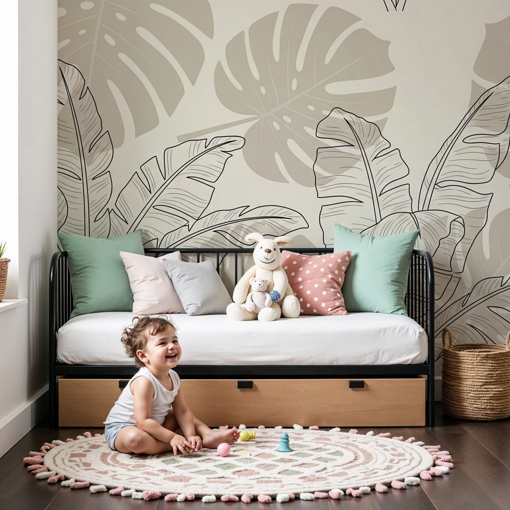 Tropical leaves mural wallpaper in beige tones decorating modern nursery room by Kids-Mundo