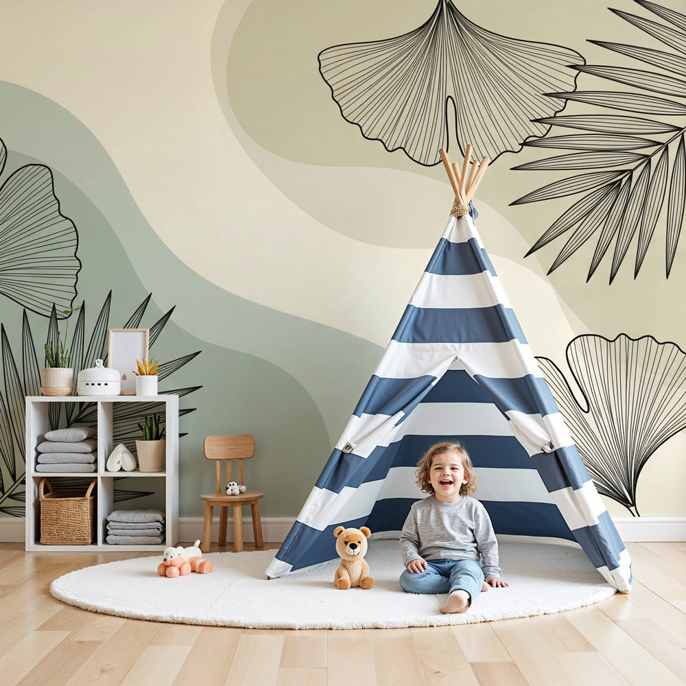 Tropical leaves mural wallpaper in sage green decorating modern nursery by Kids-Mundo