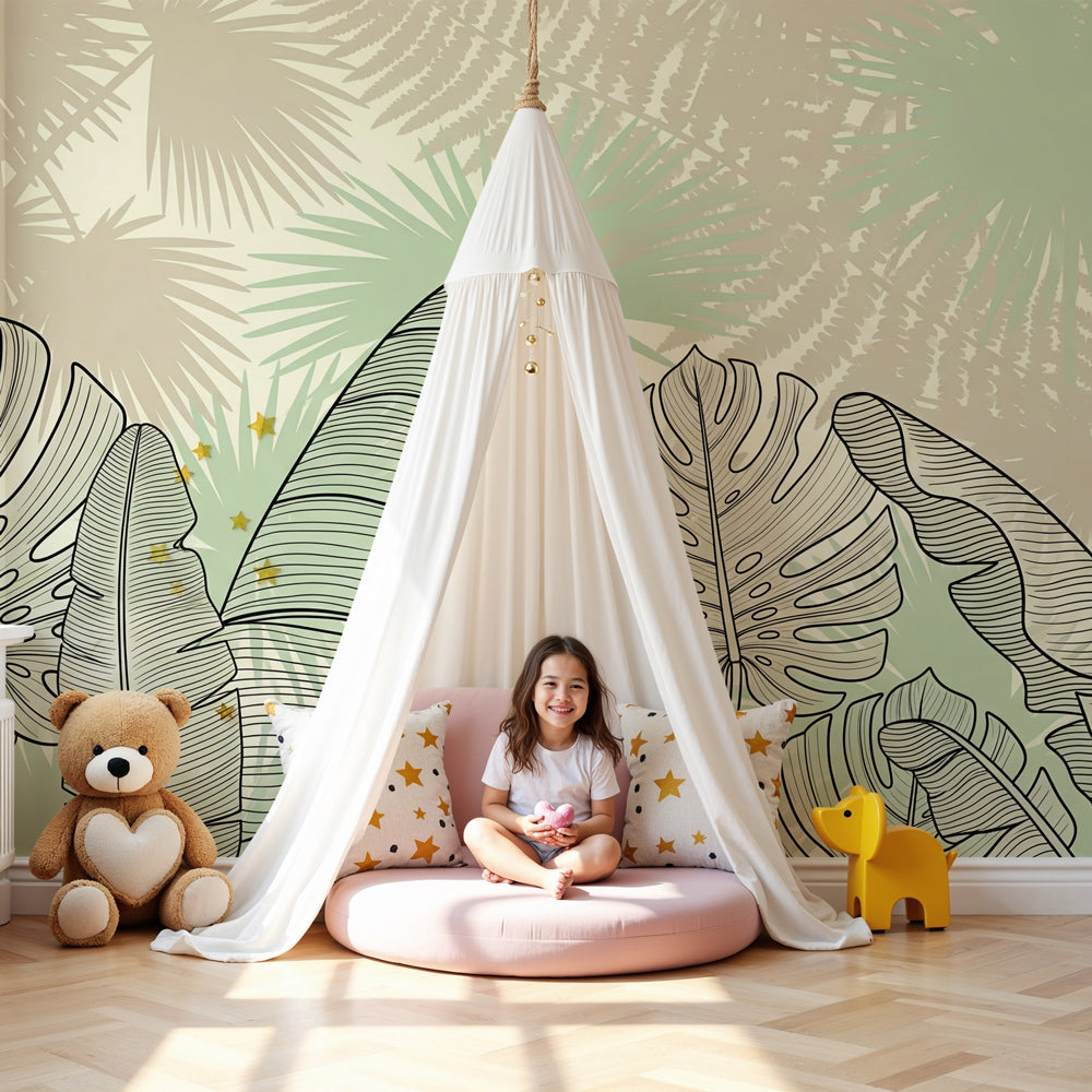 Tropical leaves mural wallpaper creating peaceful botanical nursery decor by Kids-Mundo