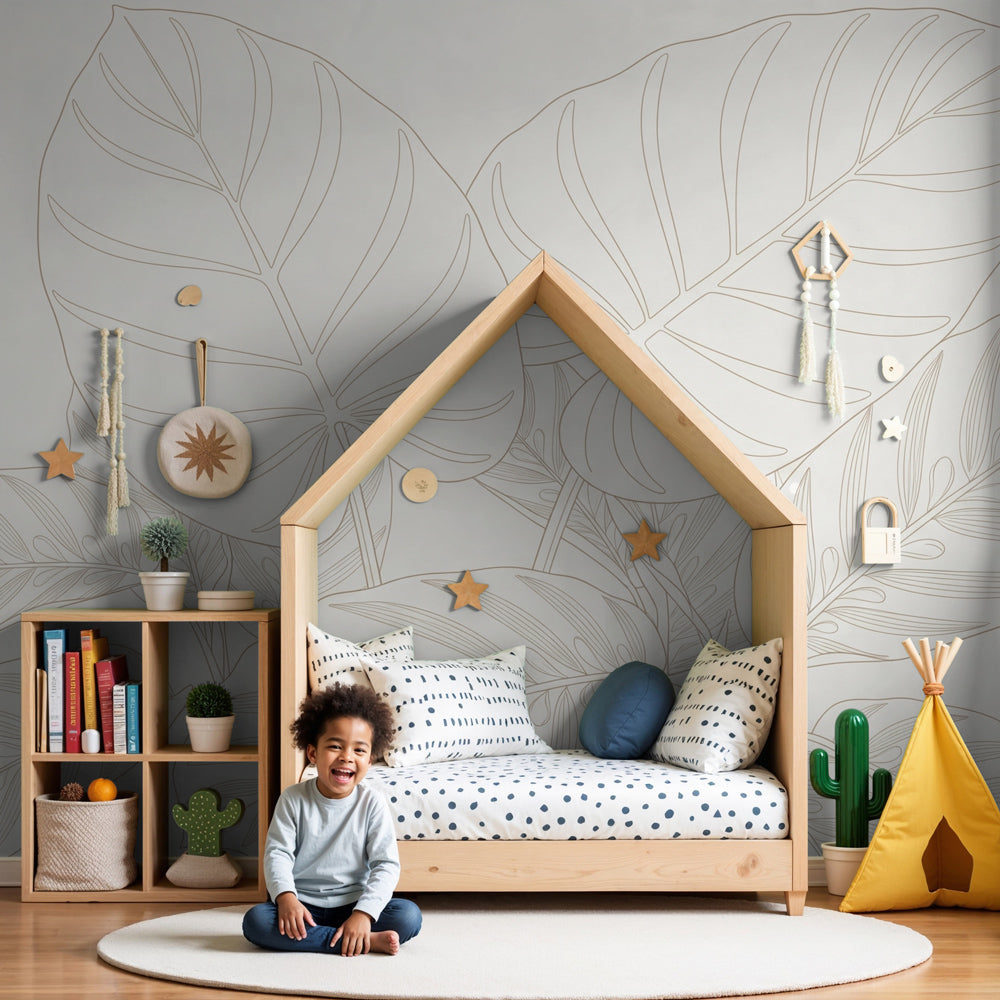 Tropical leaves mural wallpaper in serene nursery with natural wood crib by Kids-Mundo