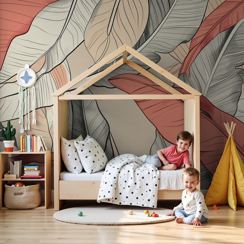 Tropical leaves mural wallpaper in elegant coral and green tones for modern nursery by Kids-Mundo