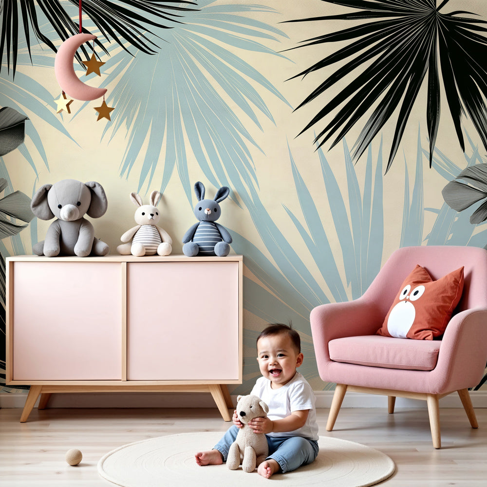 Tropical leaves mural wallpaper with navy blue botanical design in modern nursery by Kids-Mundo