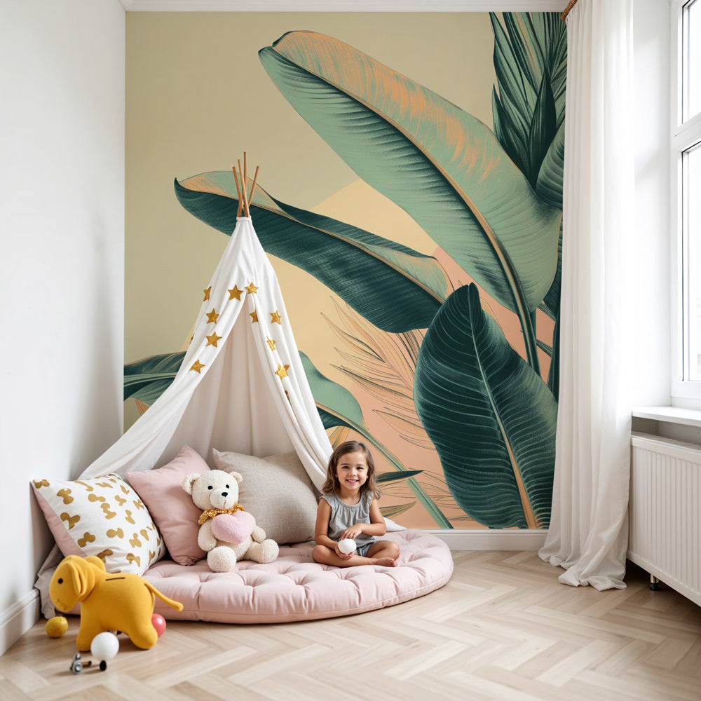 Tropical leaves mural wallpaper in serene nursery with light wood crib by Kids-Mundo