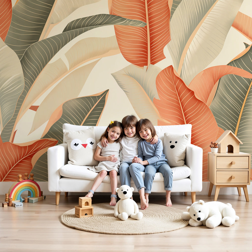 Tropical leaves mural wallpaper in soft greens creating serene nursery decor by Kids-Mundo