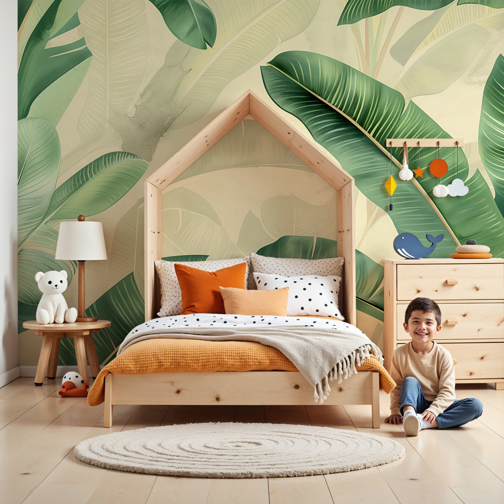 Tropical leaves mural wallpaper creating serene nursery decor with lush green foliage by Kids-Mundo