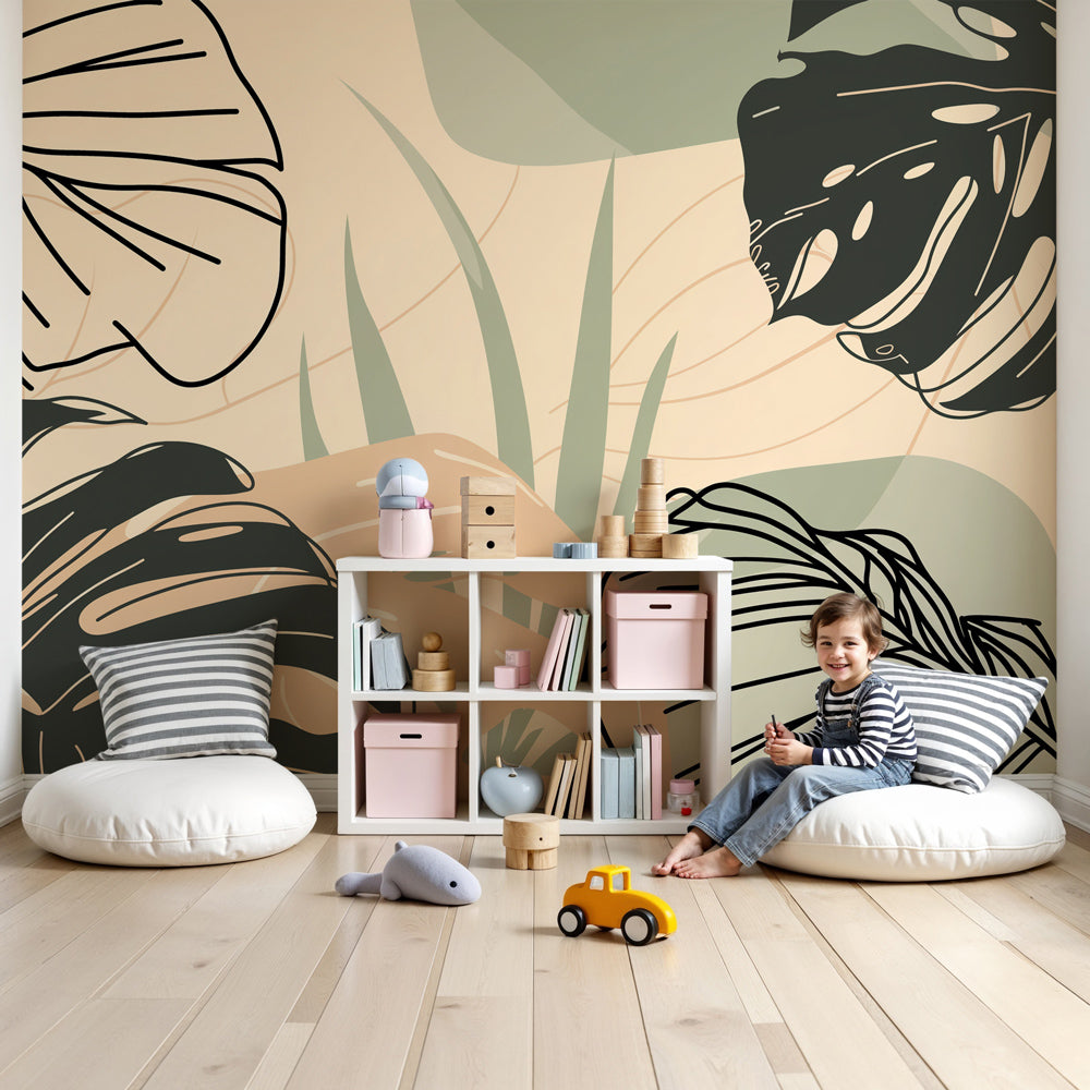 Tropical leaves mural wallpaper creating serene nursery decor with natural green botanical design by Kids-Mundo