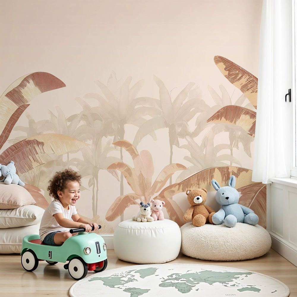 Tropical palm mural wallpaper creating serene nursery atmosphere with pink beige tones by Kids-Mundo