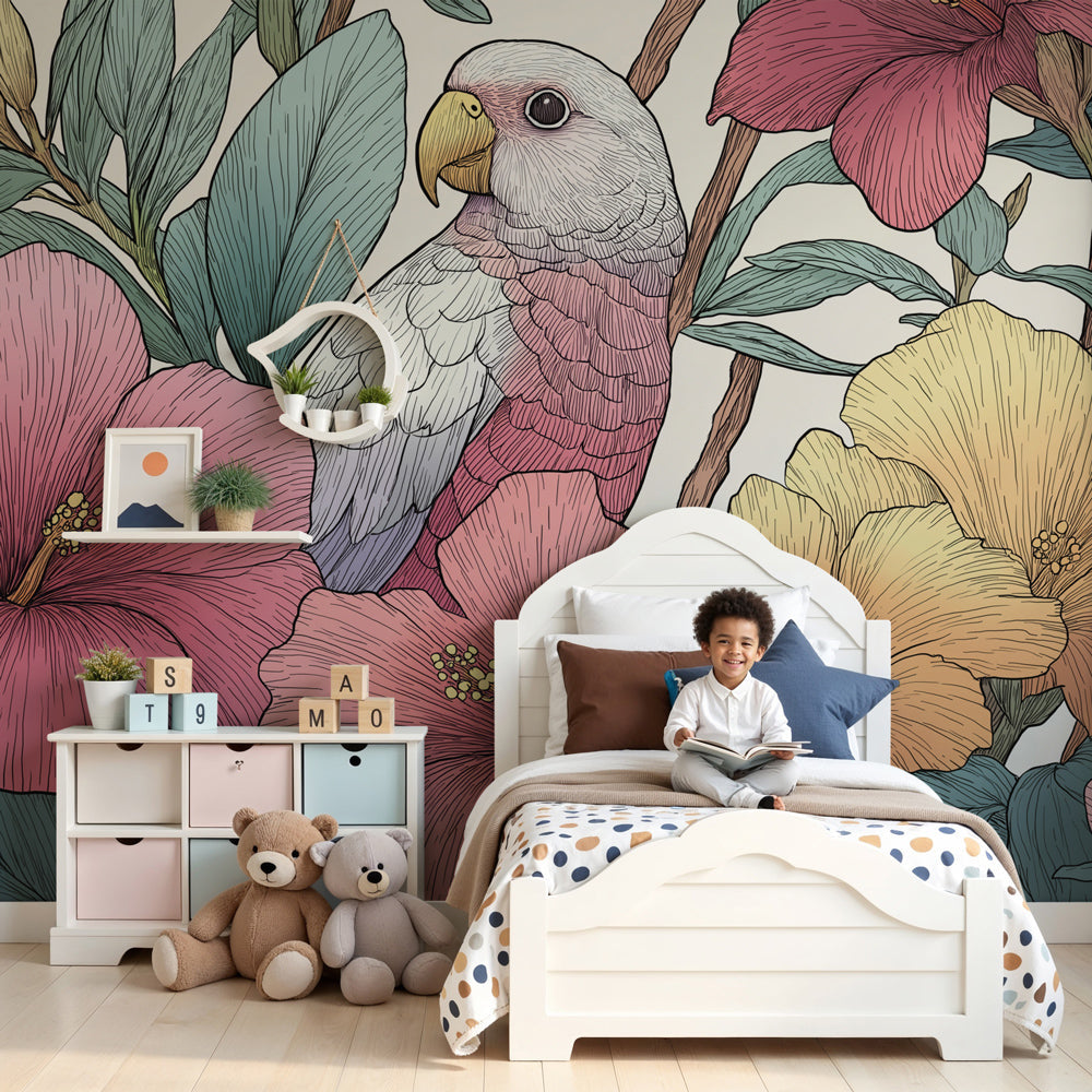 Tropical parrot mural wallpaper with hibiscus flowers in bright nursery by Kids-Mundo