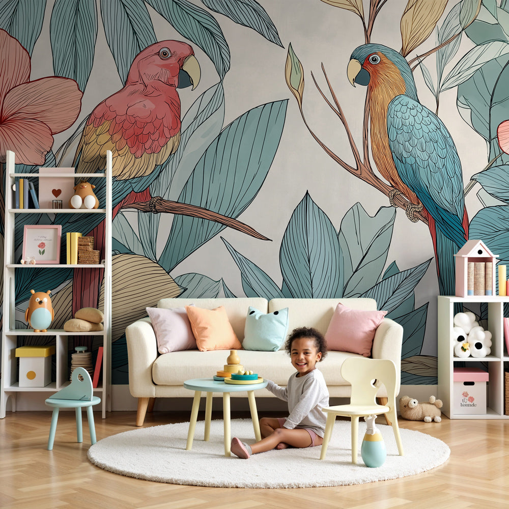 Tropical parrot mural wallpaper creating vibrant nursery decor with colorful birds and flowers by Kids-Mundo