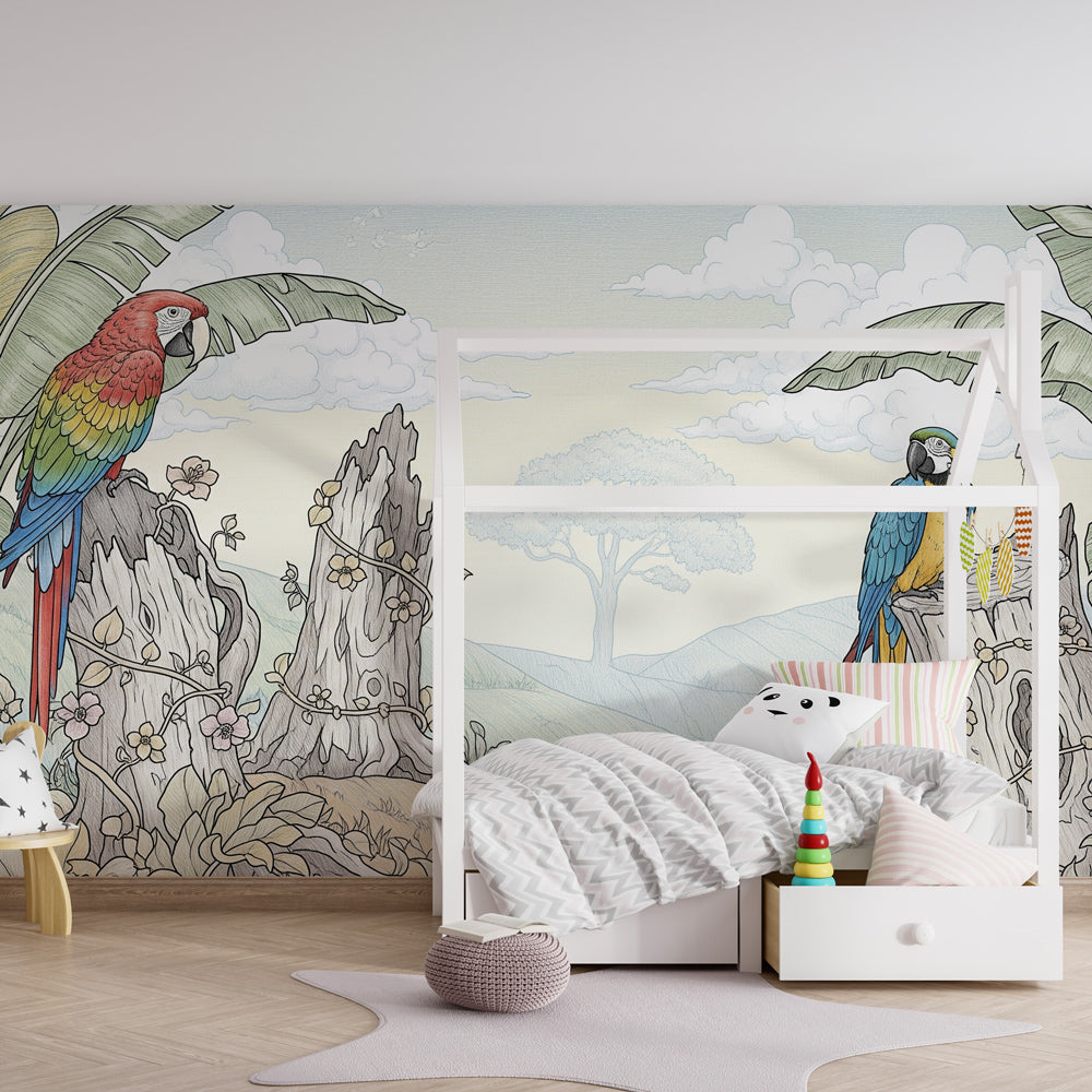 Colorful parrot wallpaper transforming children's bedroom into tropical adventure space