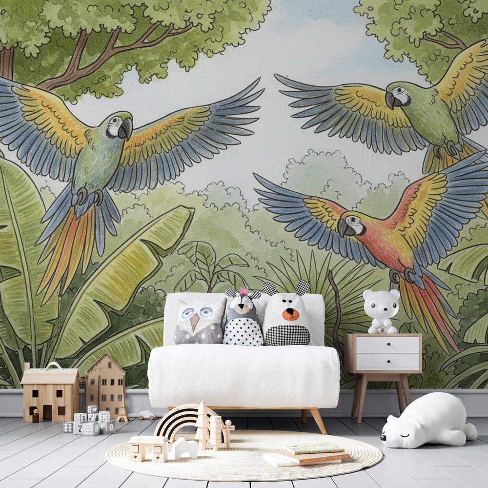 Colorful parrot wallpaper transforming children's bedroom into rainforest adventure space