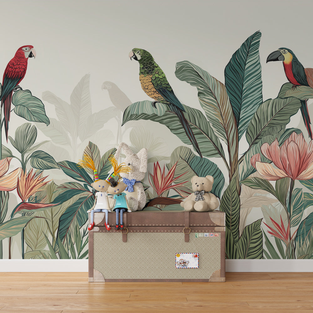 Vibrant parrot wallpaper creating tropical paradise atmosphere in children's bedroom
