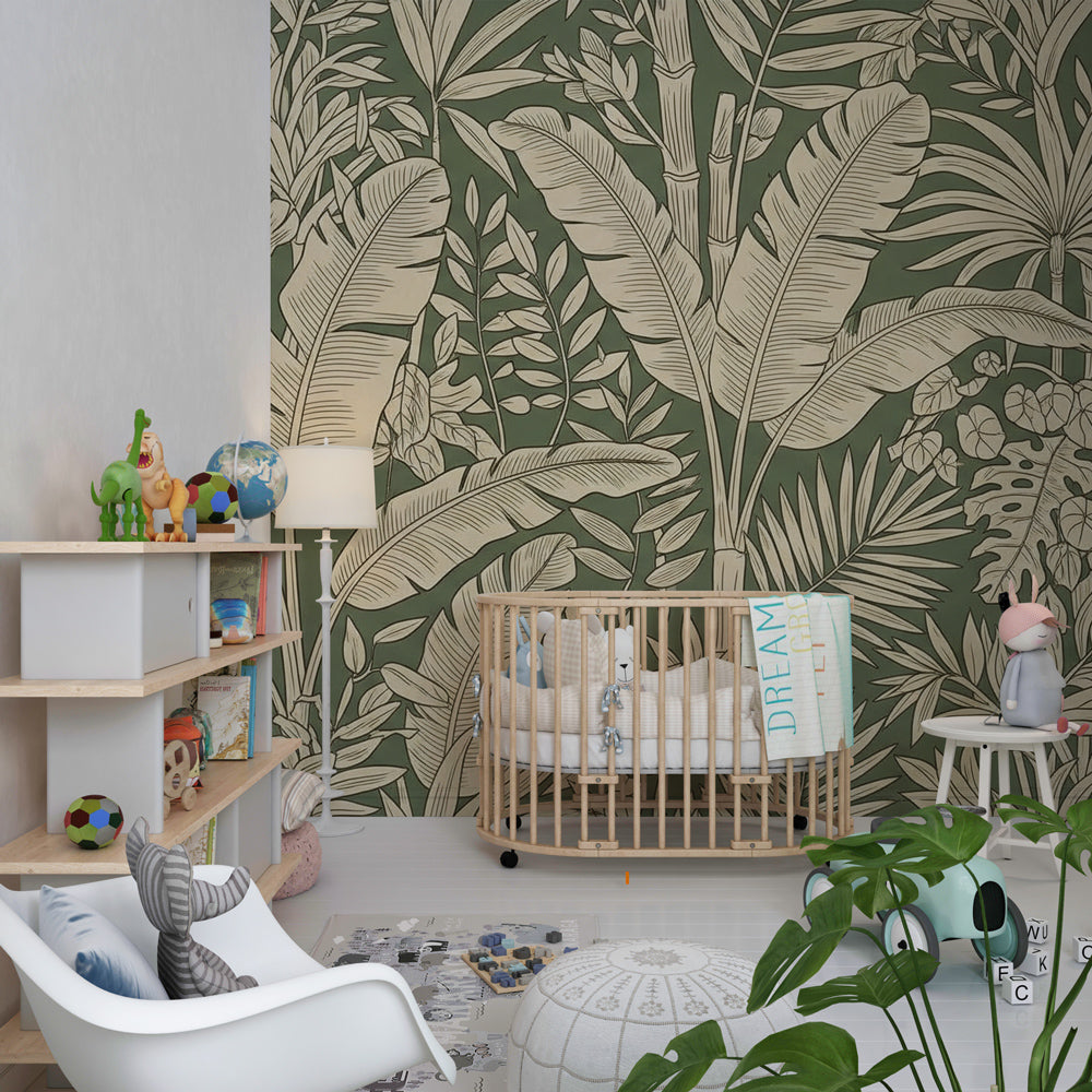 Monochrome green leaf wallpaper in modern kids bedroom with natural wood furniture by Kids-Mundo