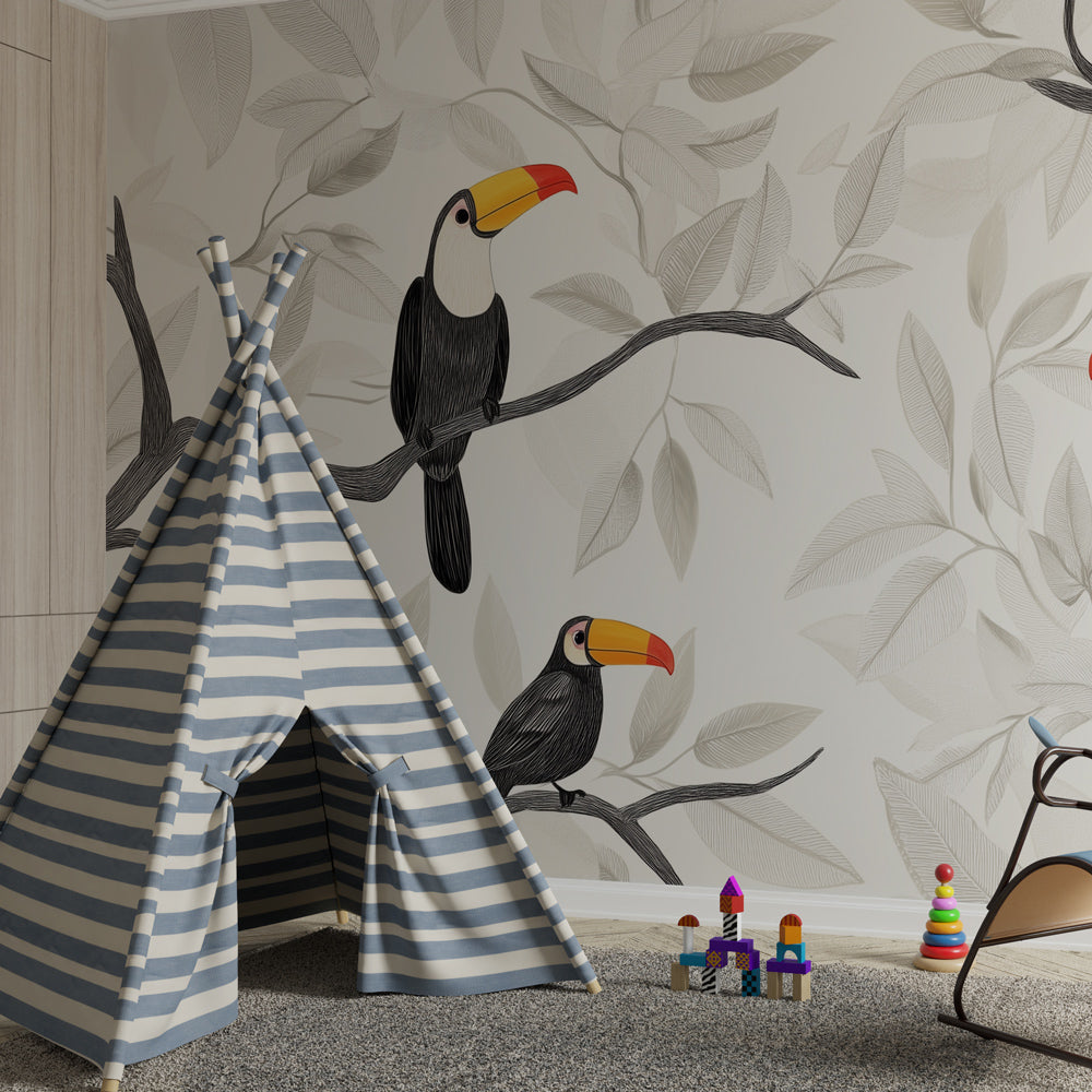 Toucan wallpaper transforming kids bedroom into peaceful tropical sanctuary with nature theme
