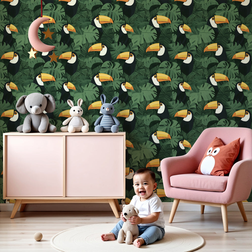 Tropical toucan mural wallpaper in bright nursery with natural wood furniture by Kids-Mundo