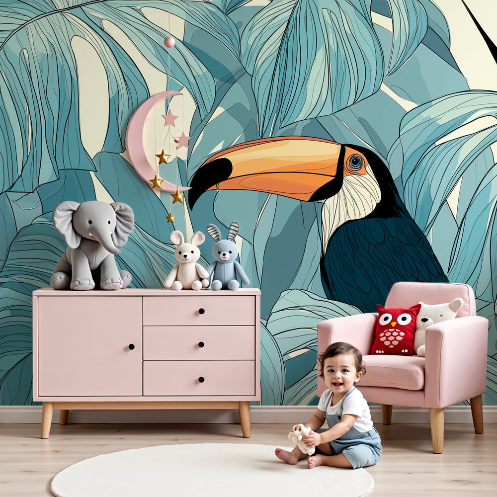Tropical toucan mural wallpaper in modern nursery with natural wood crib by Kids-Mundo
