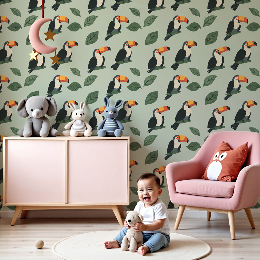 Tropical toucans mural wallpaper in modern nursery room with natural wood furniture by Kids-Mundo