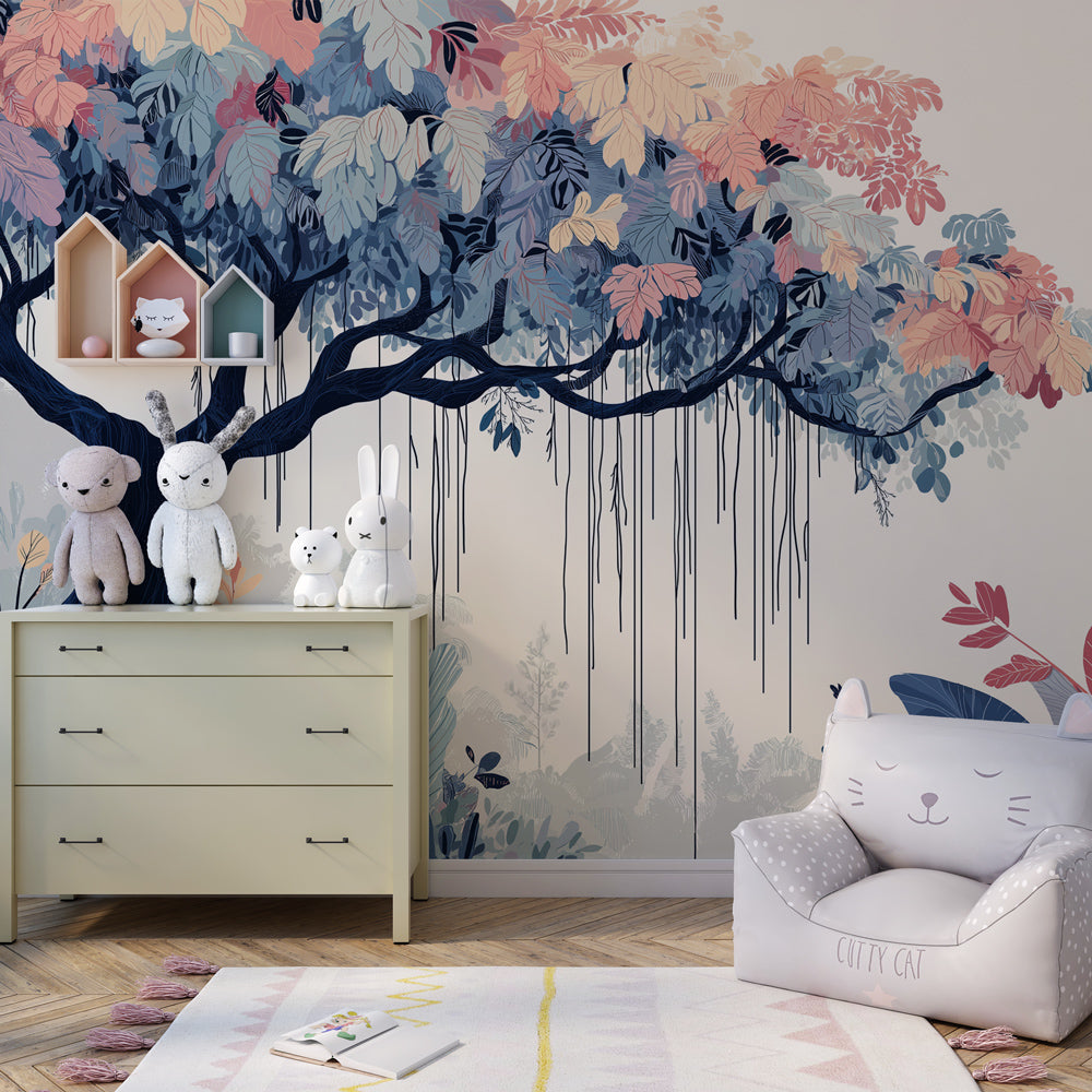 Jungle tree wallpaper with blue and pink tones decorating children's bedroom space