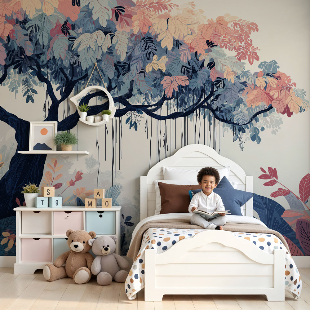 Tropical tree mural wallpaper creating jungle paradise in modern kids nursery by Kids-Mundo