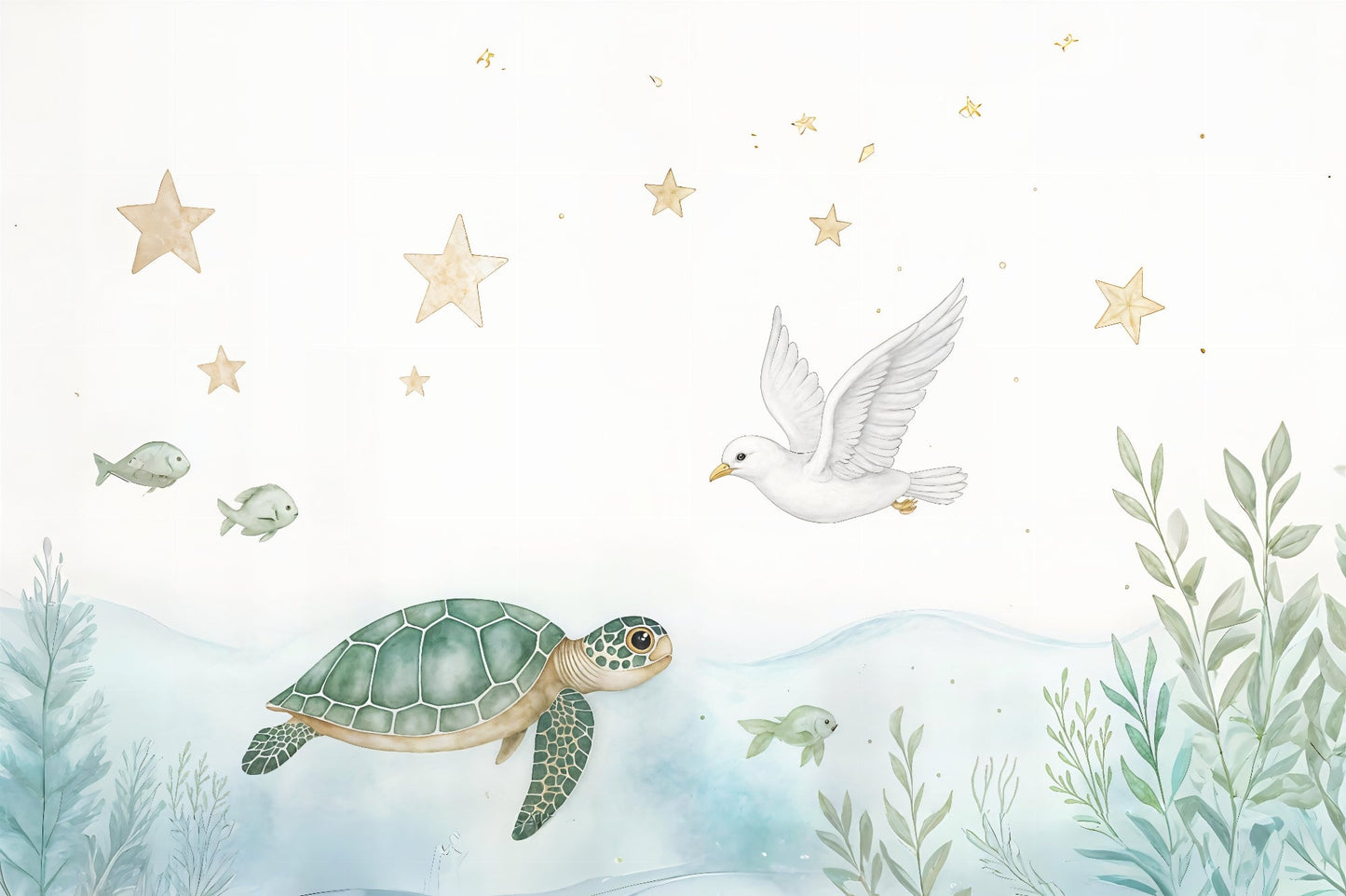 Kids-Mundo flat artwork preview of the turtle, dove and starry sky watercolour wall mural