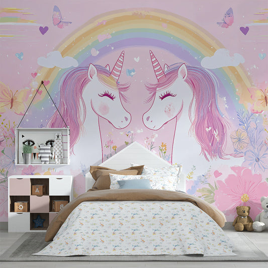 Kids-Mundo unicorn and rainbow wall mural styled in a pink girls bedroom