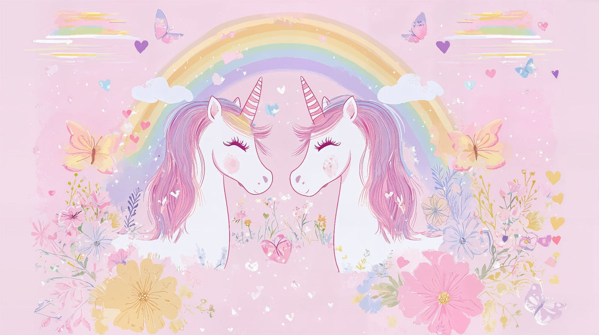 Twin Unicorns and Rainbow Floral Wall Mural