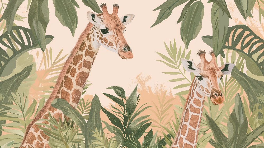 Giraffes Peeking Through Tropical Leaves Wall Mural