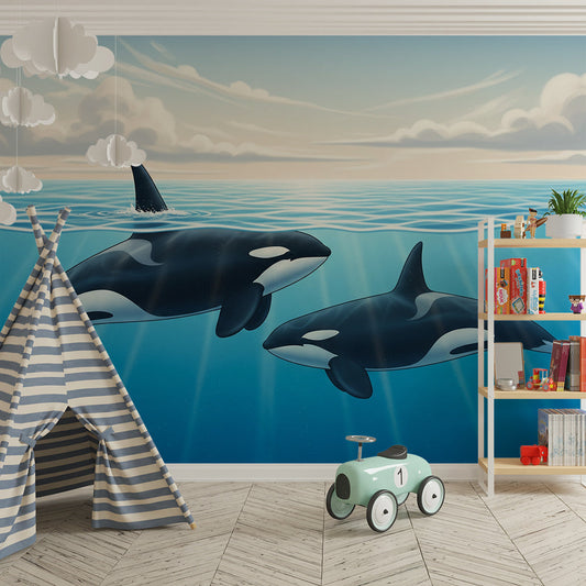 Kids-Mundo two orcas at sea mural covering a feature wall in a child's bedroom