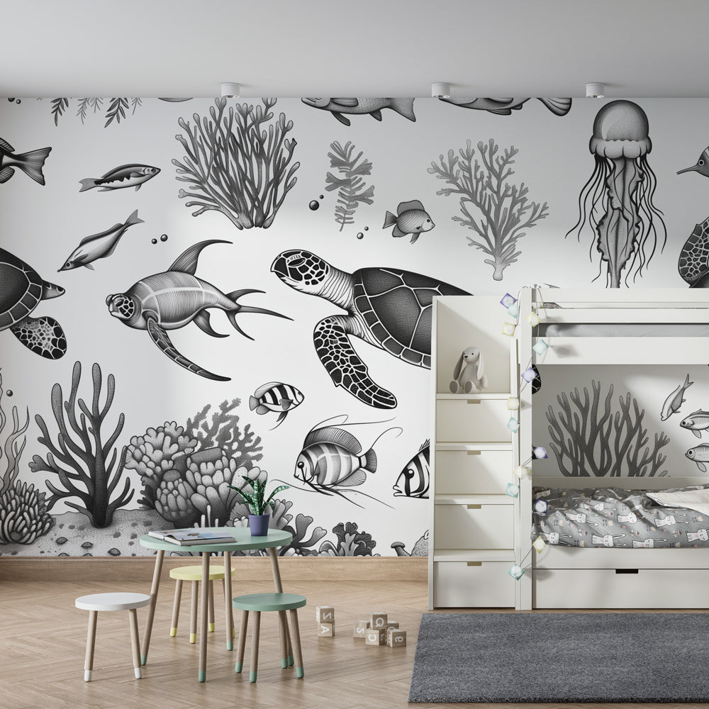 Ocean themed mural wallpaper creating elegant kids bedroom decor with marine motifs