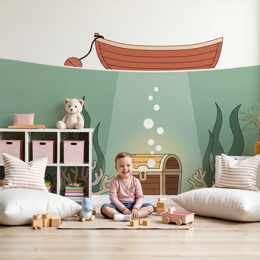 Underwater adventure mural wallpaper with treasure chest in modern kids nursery by Kids-Mundo