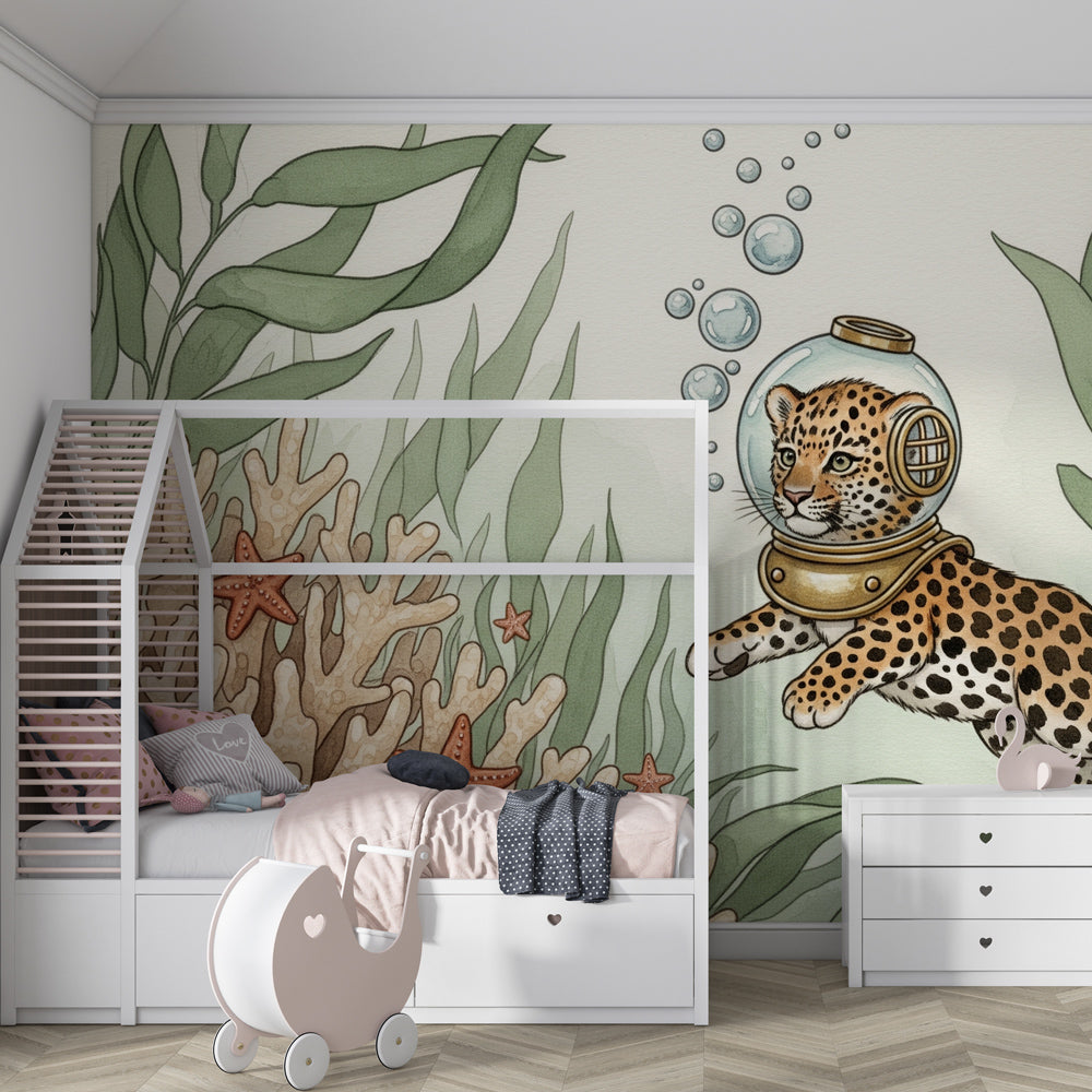 Marine adventure leopard wallpaper creating magical underwater atmosphere in kids bedroom