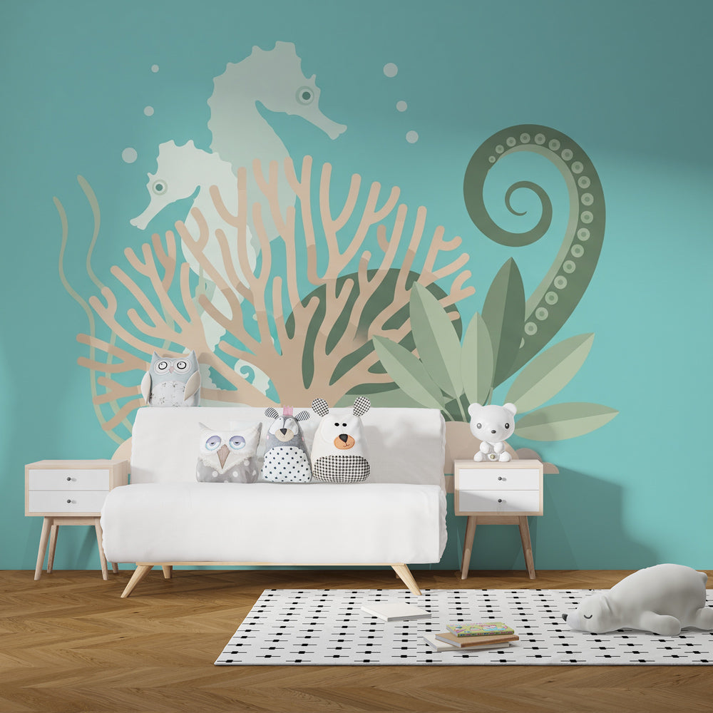 Soothing marine life wallpaper creating peaceful underwater nursery decor