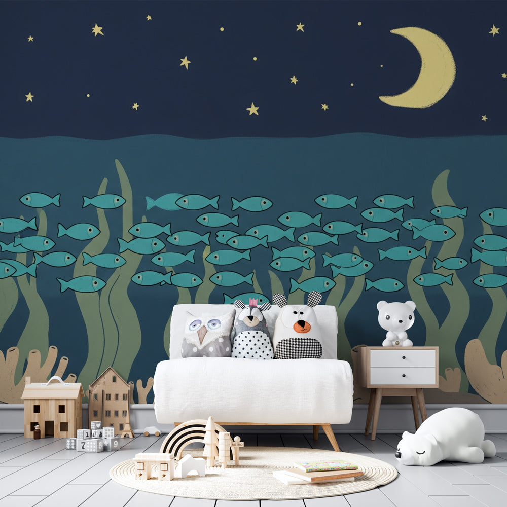 Starry ocean themed mural wallpaper creating magical underwater kids bedroom atmosphere