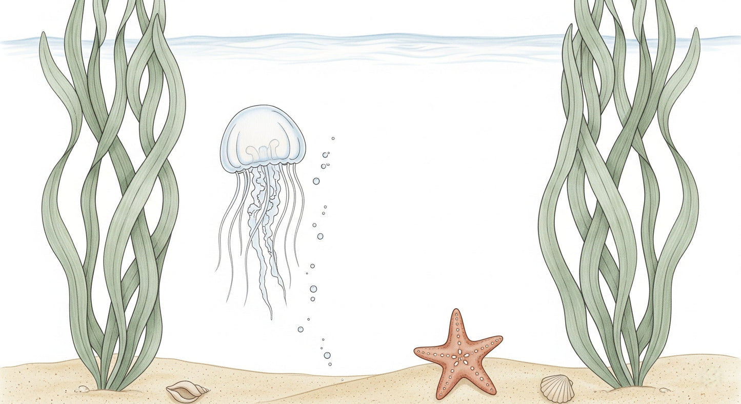 Detailed underwater mural wallpaper design pattern with jellyfish and seaweed by Kids-Mundo