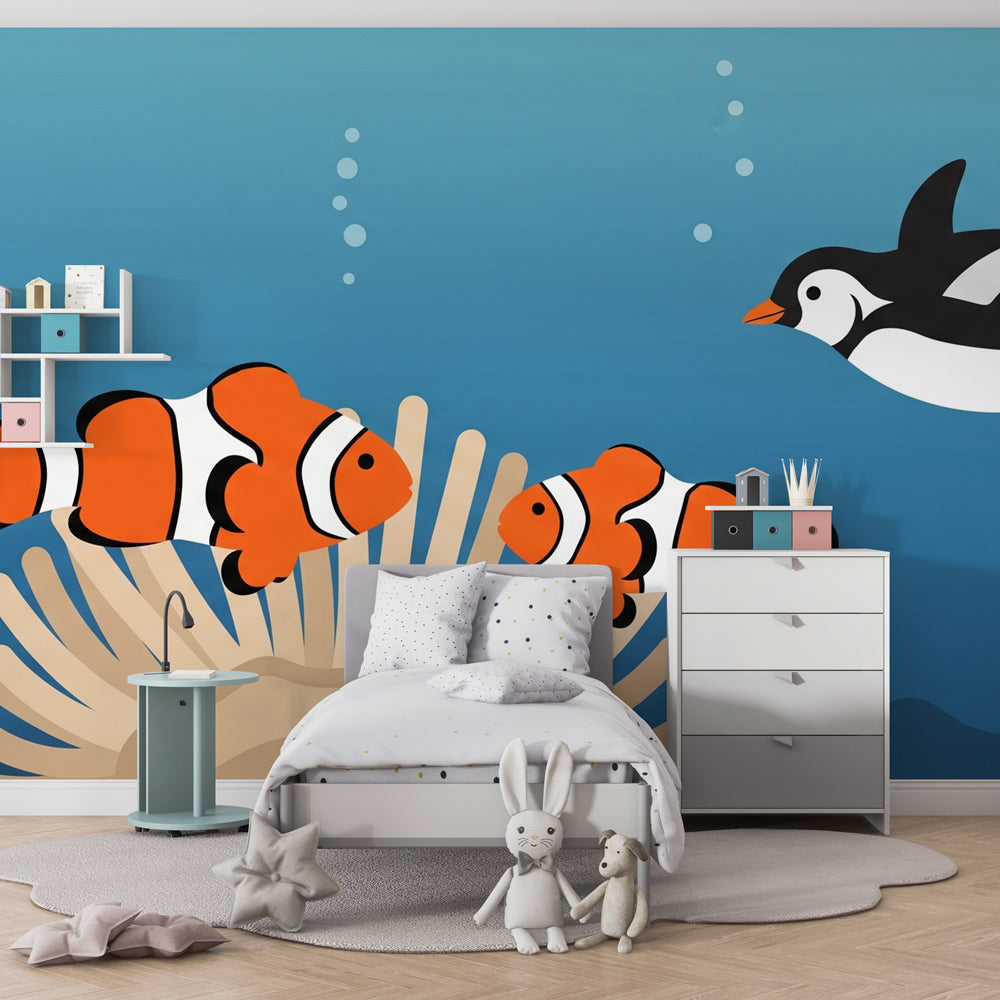 Underwater adventure mural wallpaper creating marine-themed children's bedroom with turquoise waters