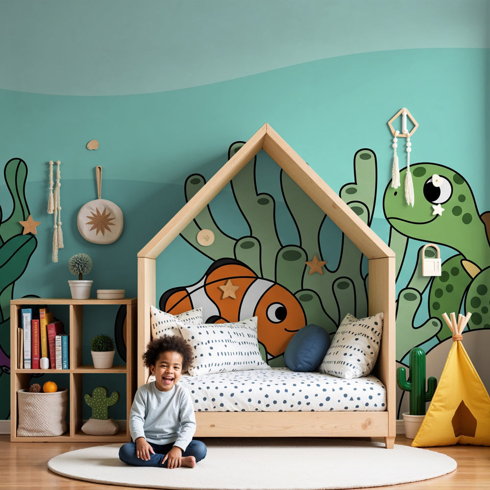 Underwater ocean mural wallpaper with clownfish and turtle in modern nursery by Kids-Mundo
