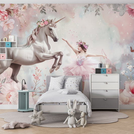 Kids-Mundo unicorn and ballerina wall mural in a dreamy pink kids' bedroom