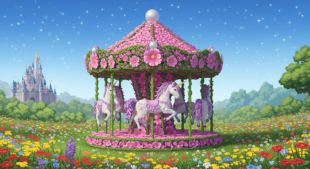 Kids-Mundo flat artwork of a flower-topped carousel with unicorn horses in a wildflower meadow