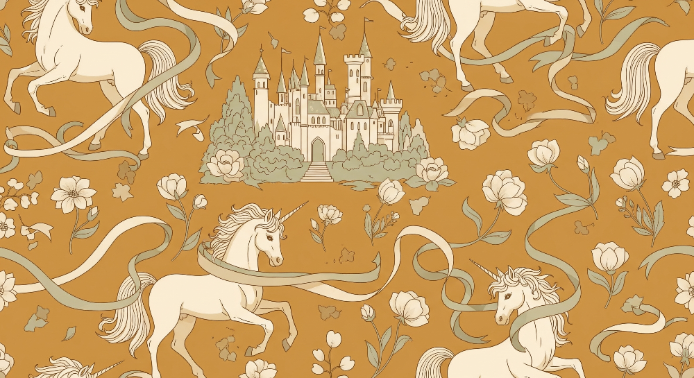 Kids-Mundo flat artwork of the unicorn and fairytale castle toile wall mural pattern