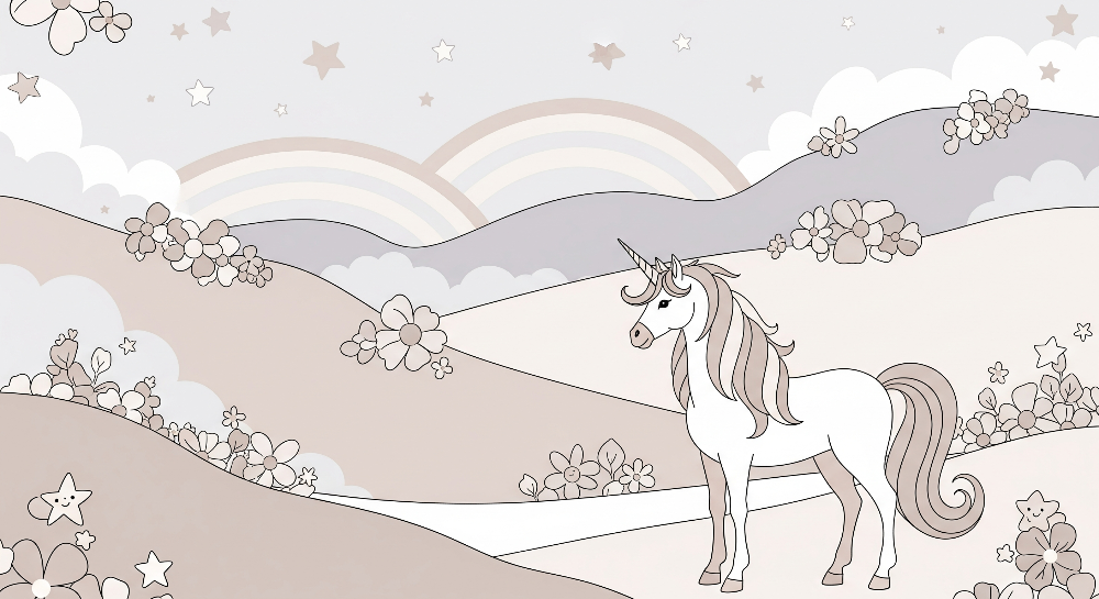 Kids-Mundo flat artwork of a line-drawn unicorn in a soft pastel meadow landscape.